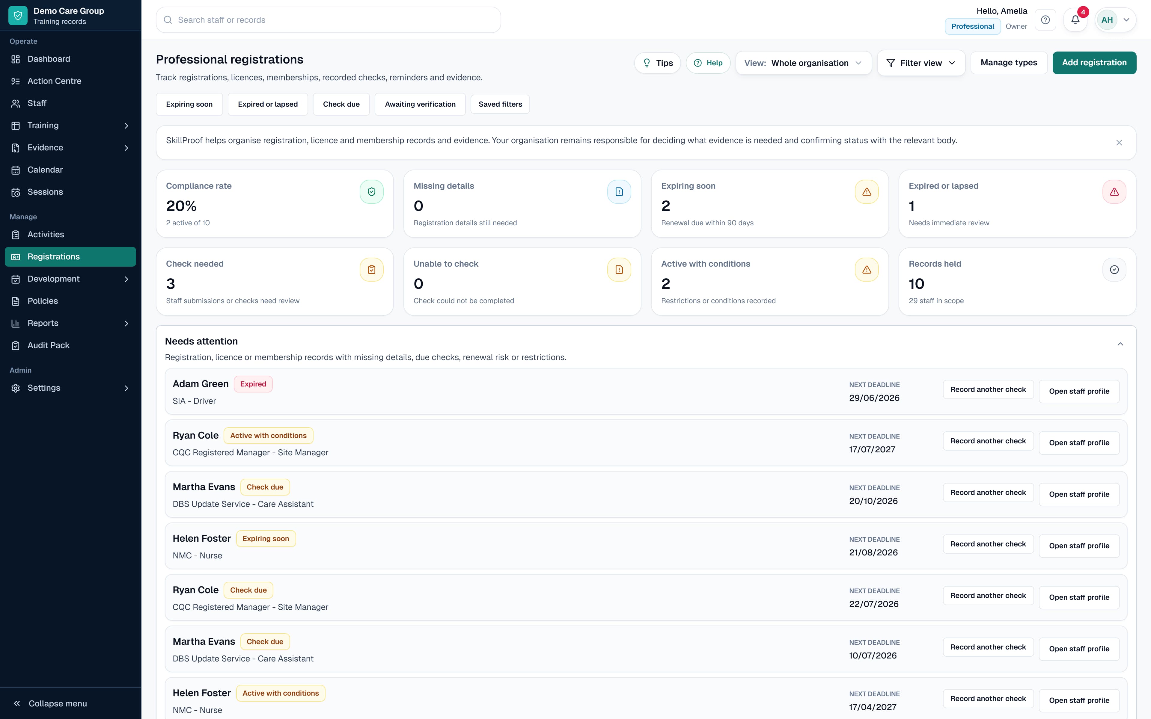 SkillProof professional registrations view showing renewal dates, evidence and manual review status.