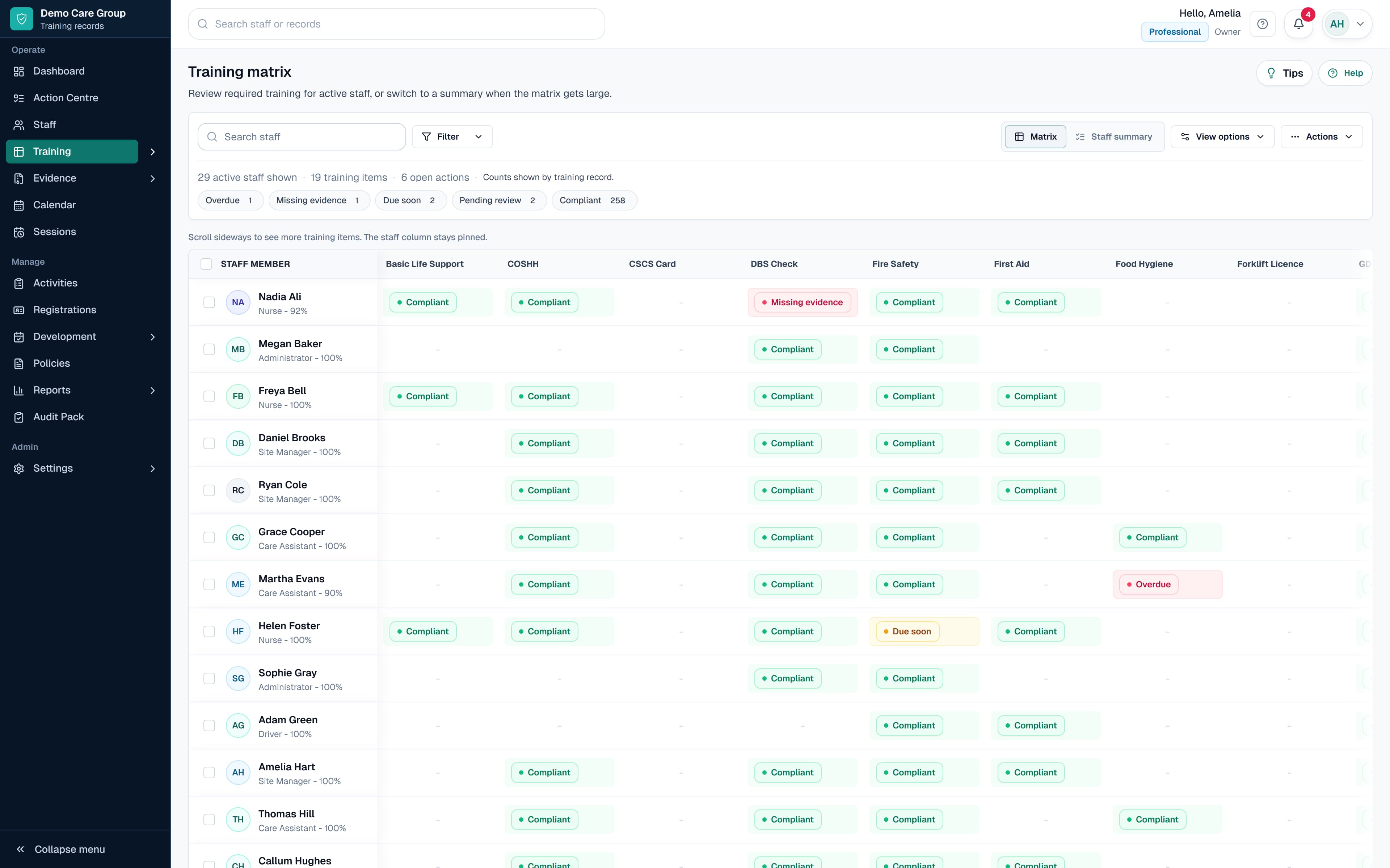 SkillProof Training Matrix showing training records and status visibility.