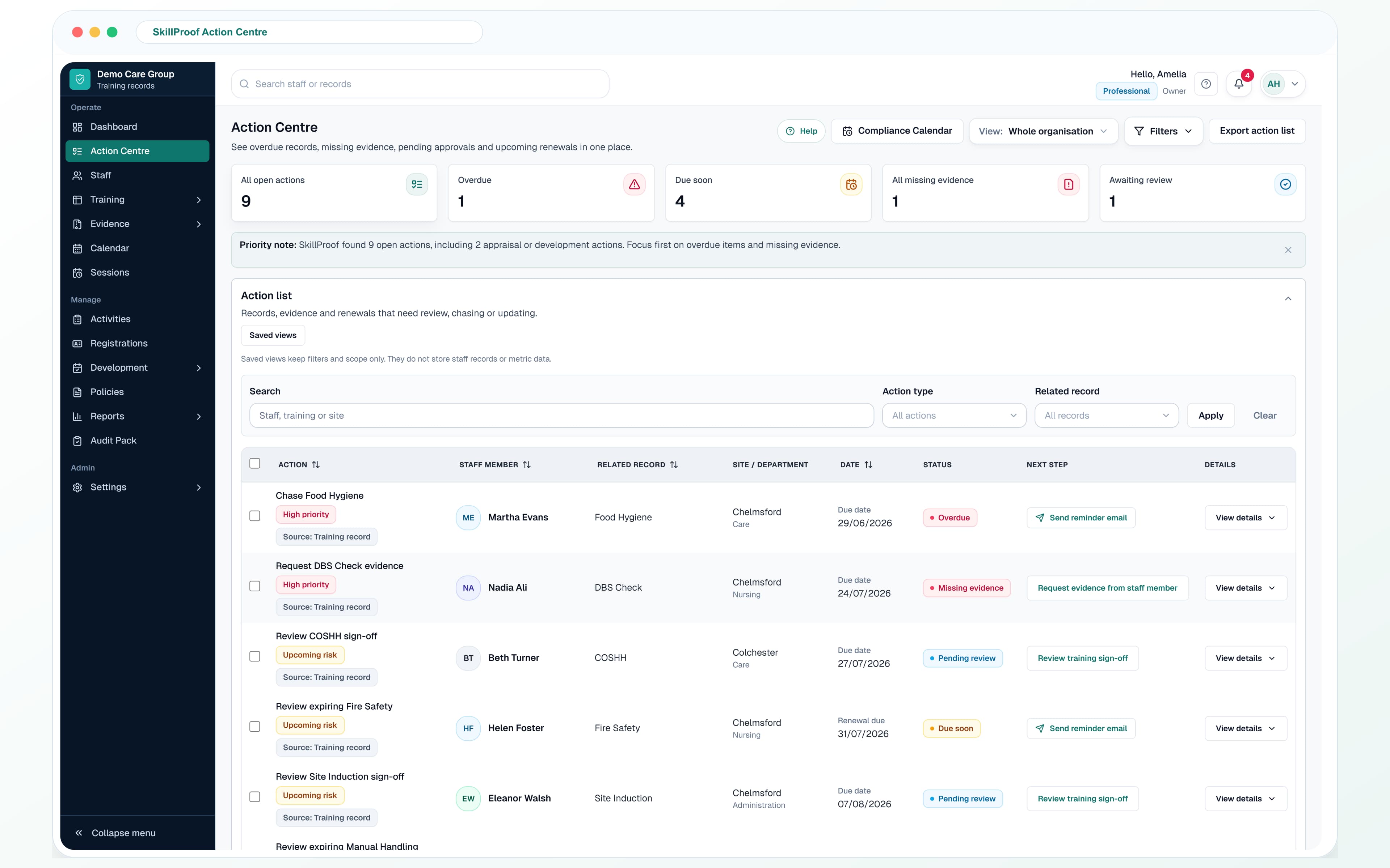 SkillProof dashboard preview showing staff compliance records and outstanding actions.