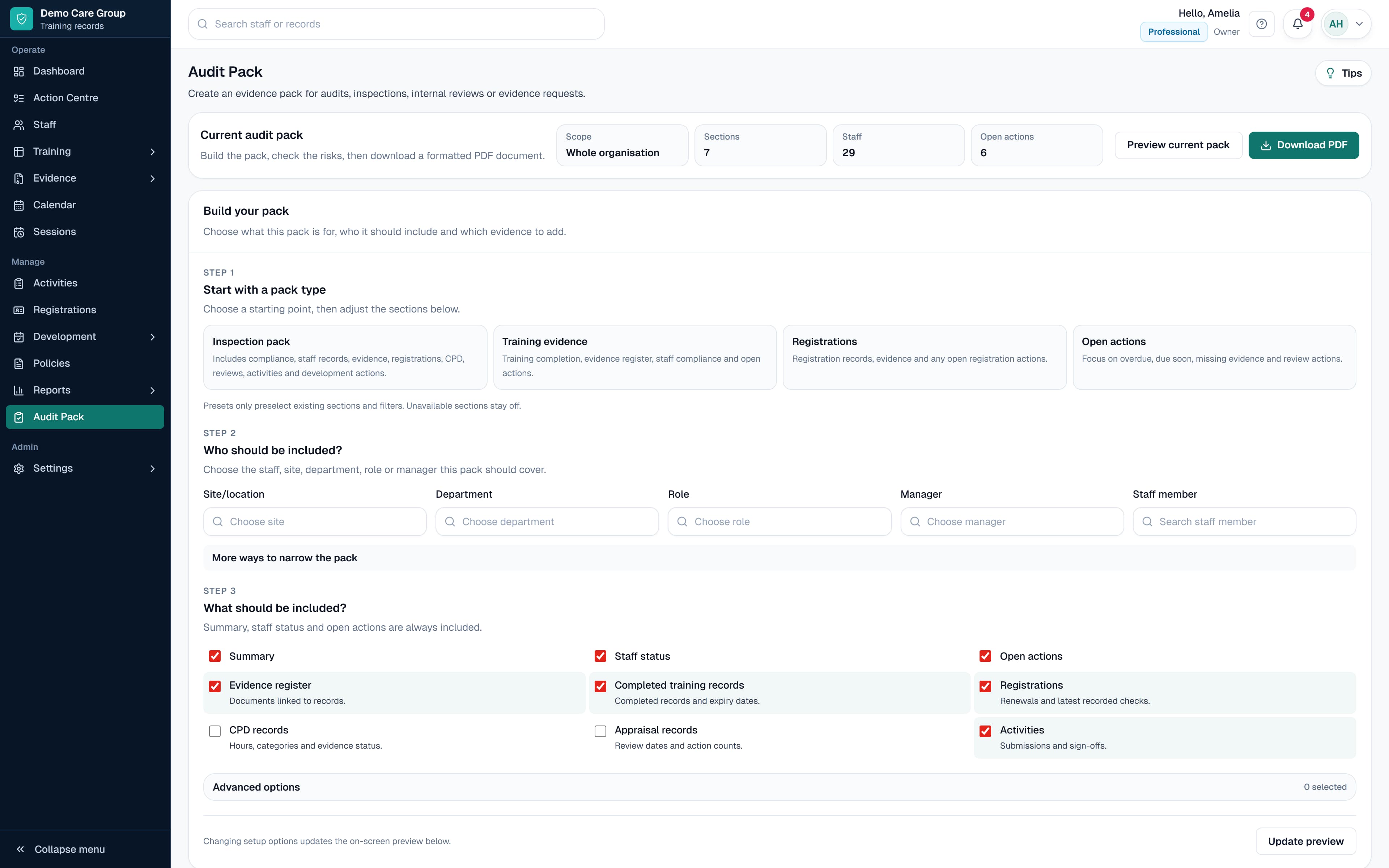 SkillProof Audit Pack showing current training and evidence records using safe demo data.
