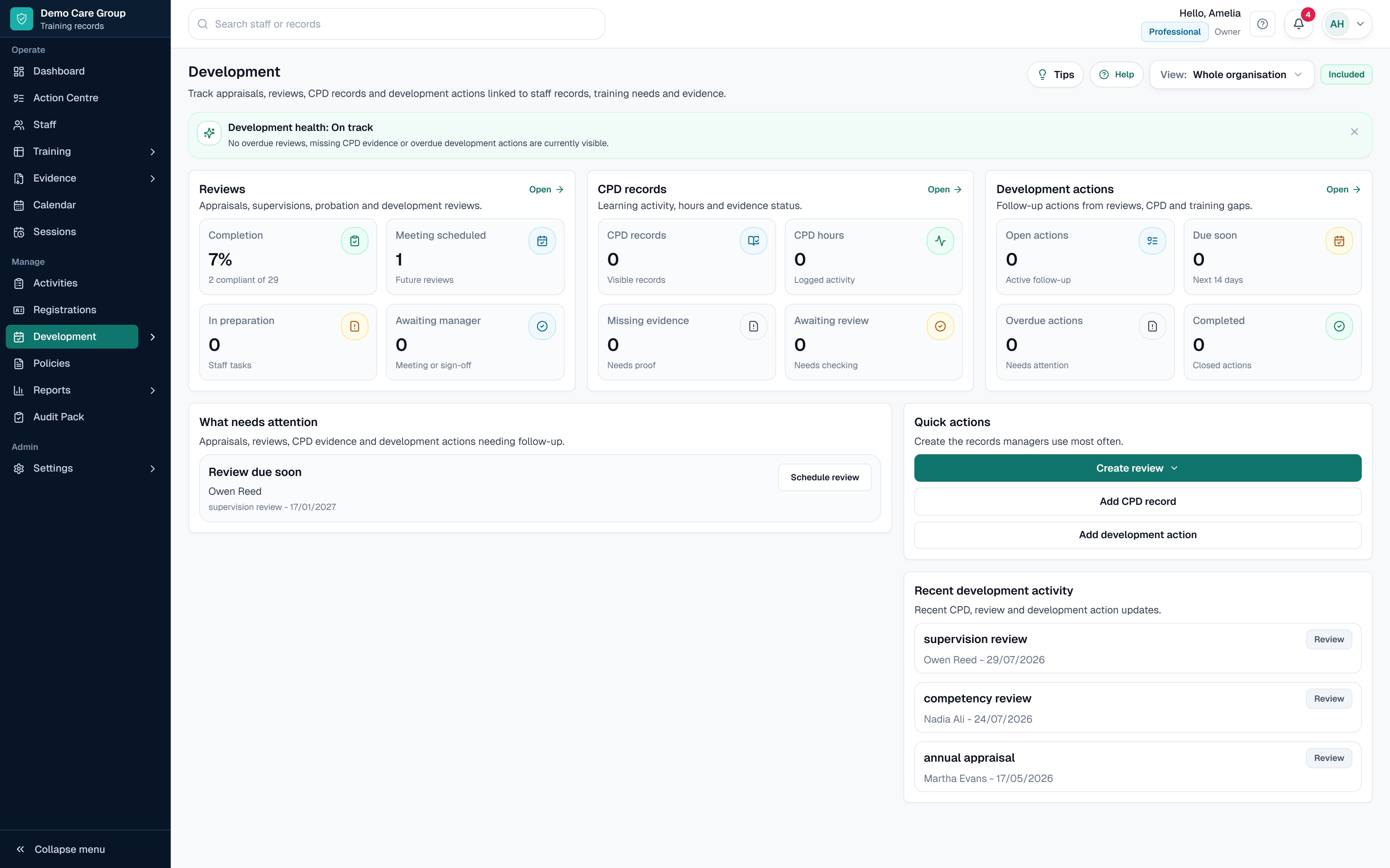 SkillProof Development area showing CPD, reviews and development actions using safe demo data.