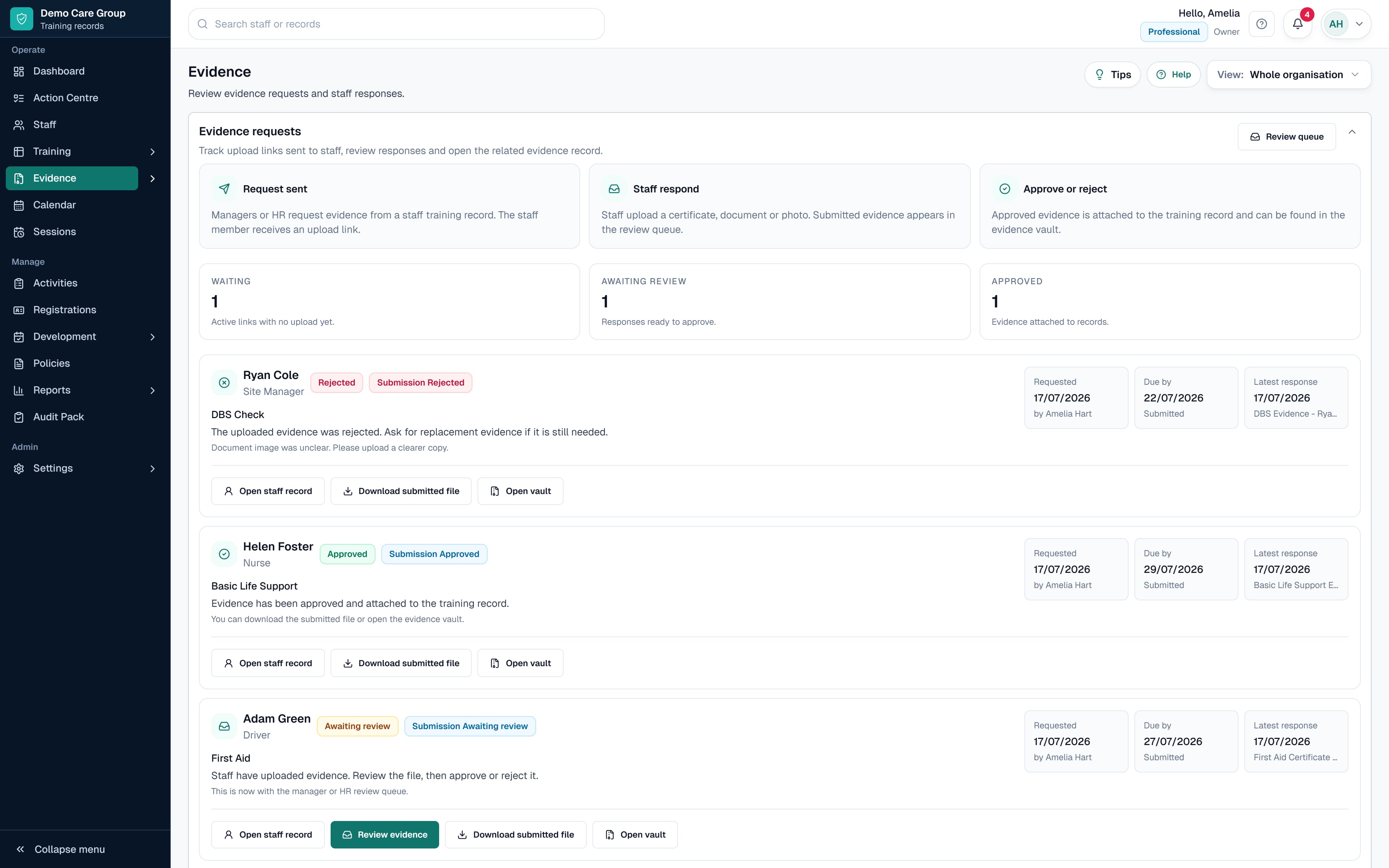 SkillProof evidence view showing evidence requests, uploads and review status using safe demo data.
